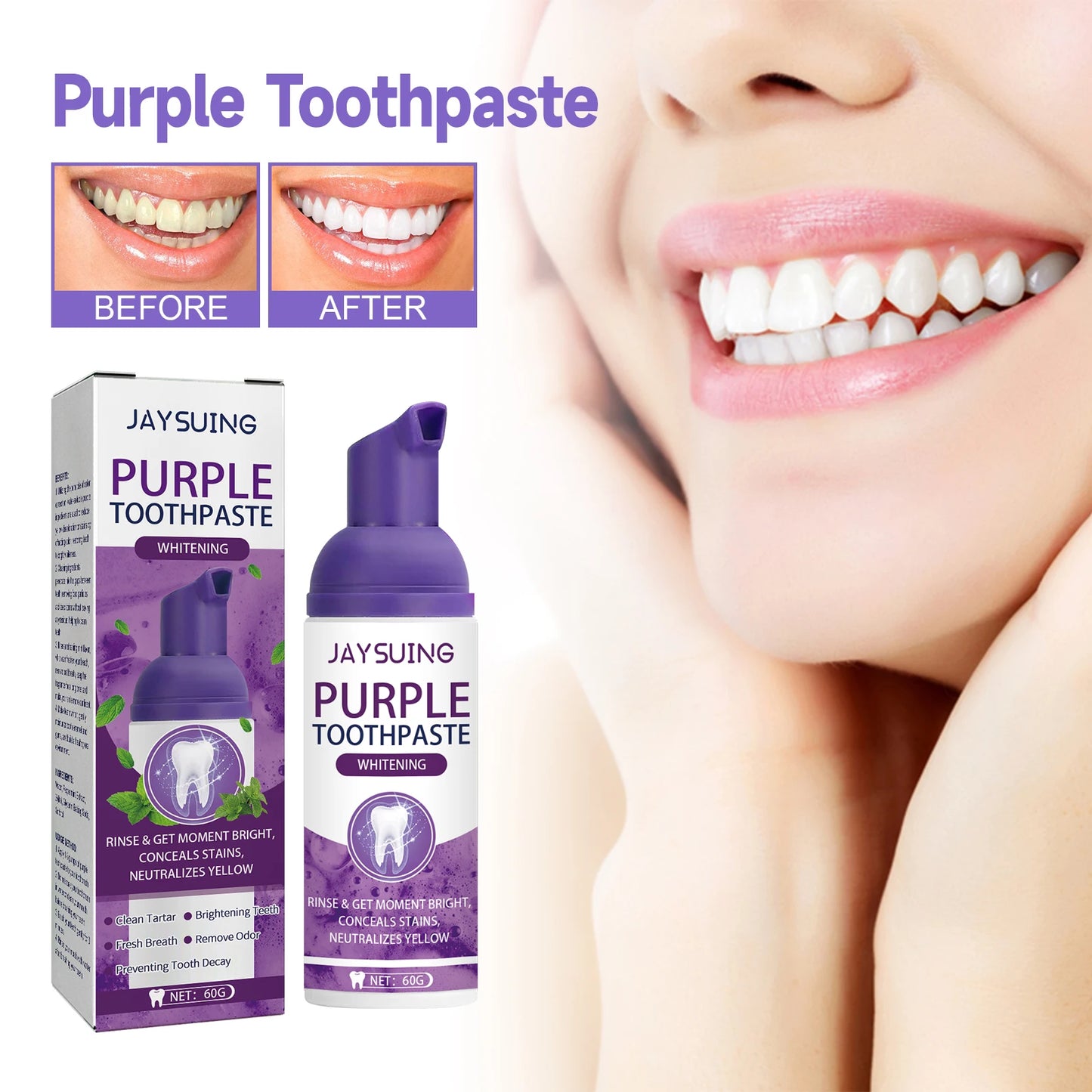 Gums Care Mint Teeth Whitening Mousse Yellow Cleaning Tooth Stains Desalinating Oral Odor Removing Purple Toothpaste 60ml