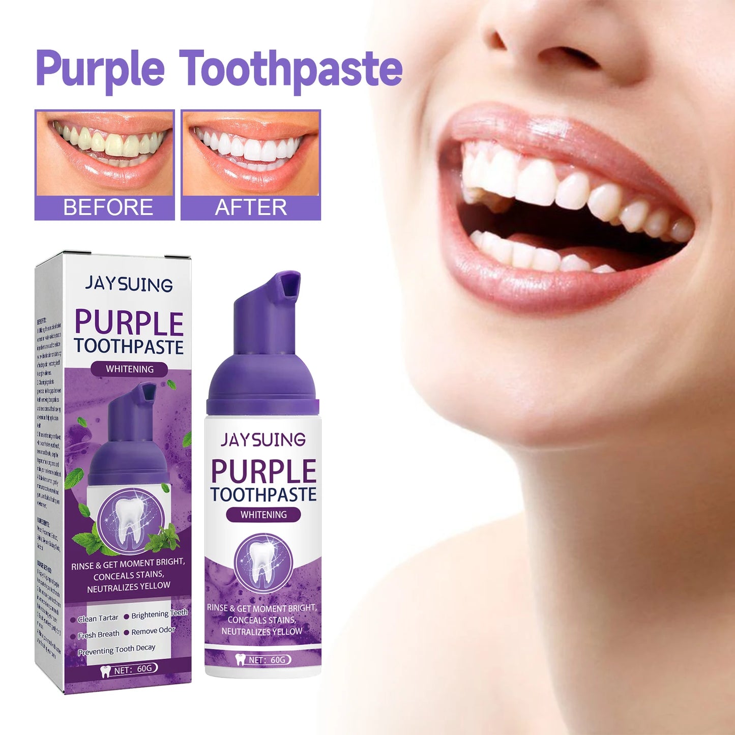 Gums Care Mint Teeth Whitening Mousse Yellow Cleaning Tooth Stains Desalinating Oral Odor Removing Purple Toothpaste 60ml