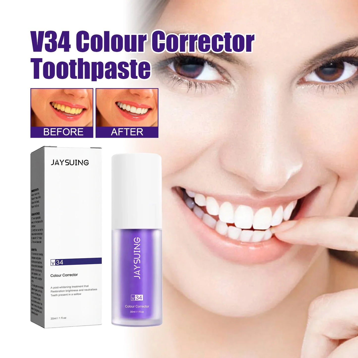 V34 Toothpaste Colour Corrector Teeth Whitening Purple Fresh Breath Brightening Teeth Stain Removal Gum Care Cleaning Toothpaste