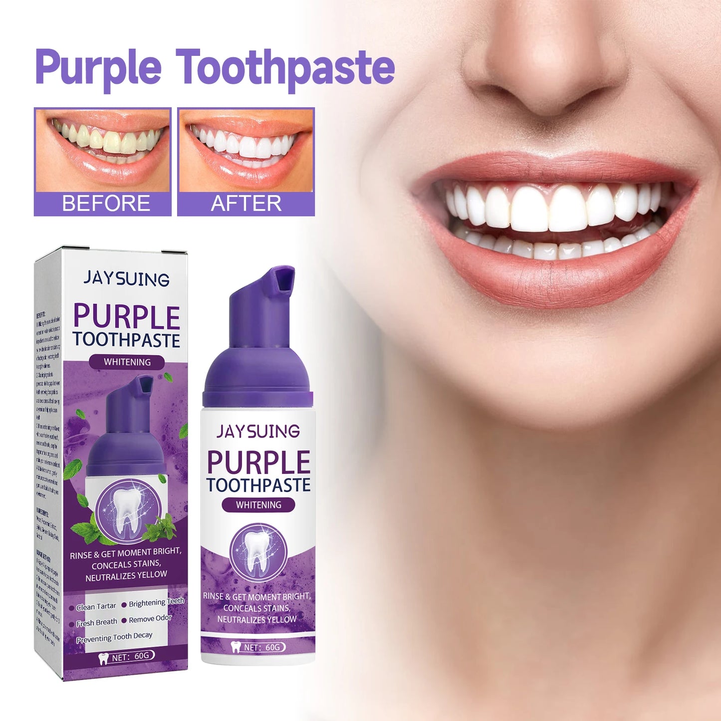 Gums Care Mint Teeth Whitening Mousse Yellow Cleaning Tooth Stains Desalinating Oral Odor Removing Purple Toothpaste 60ml