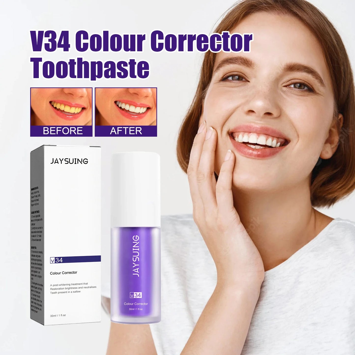 V34 Toothpaste Colour Corrector Teeth Whitening Purple Fresh Breath Brightening Teeth Stain Removal Gum Care Cleaning Toothpaste