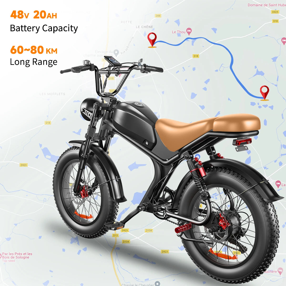 B10 1000W Motor E Bike 48V 20Ah Off Road Electric Bicycle 20"X4" Fat Tire 1000W Motor Ebike 2 Wide Seats