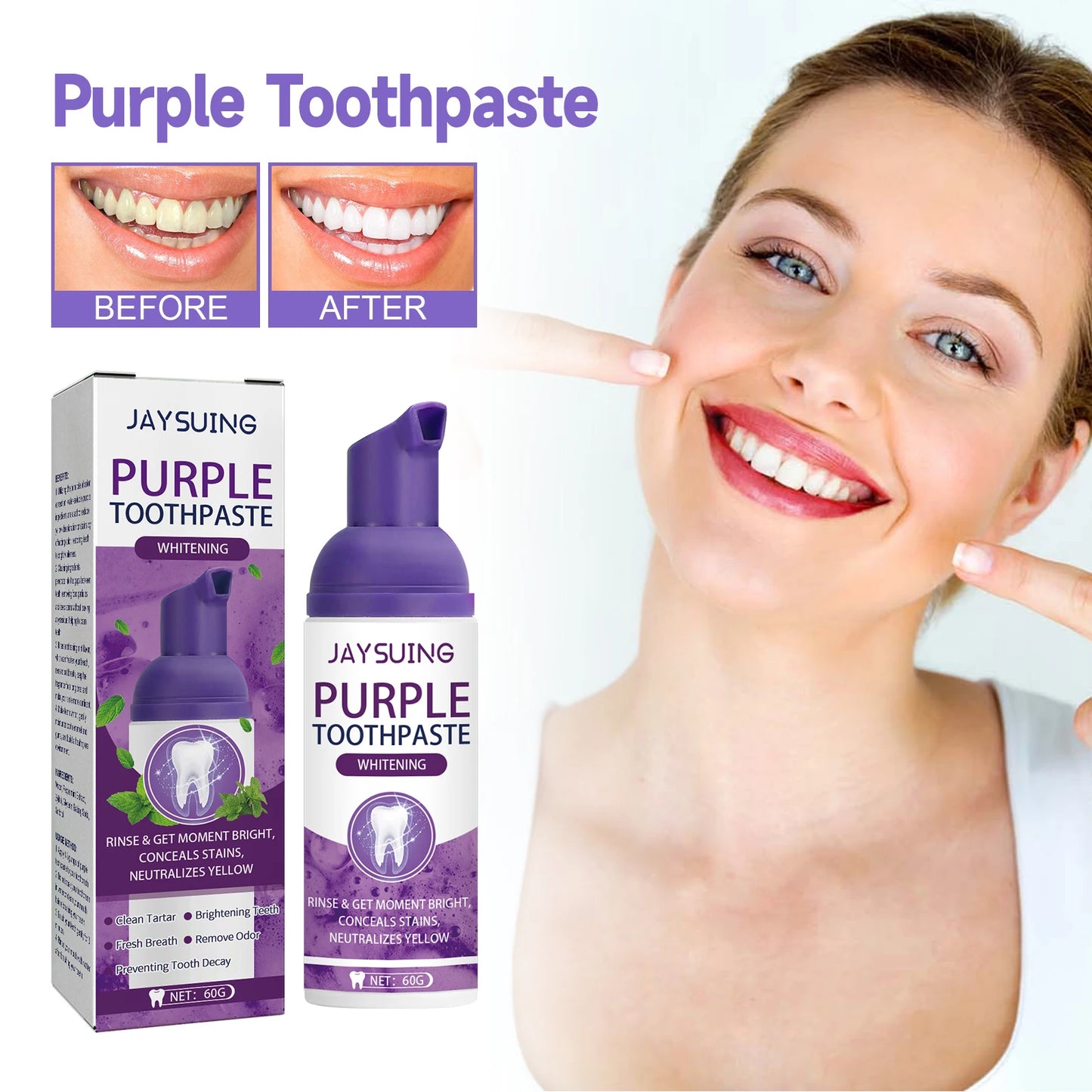 Gums Care Mint Teeth Whitening Mousse Yellow Cleaning Tooth Stains Desalinating Oral Odor Removing Purple Toothpaste 60ml