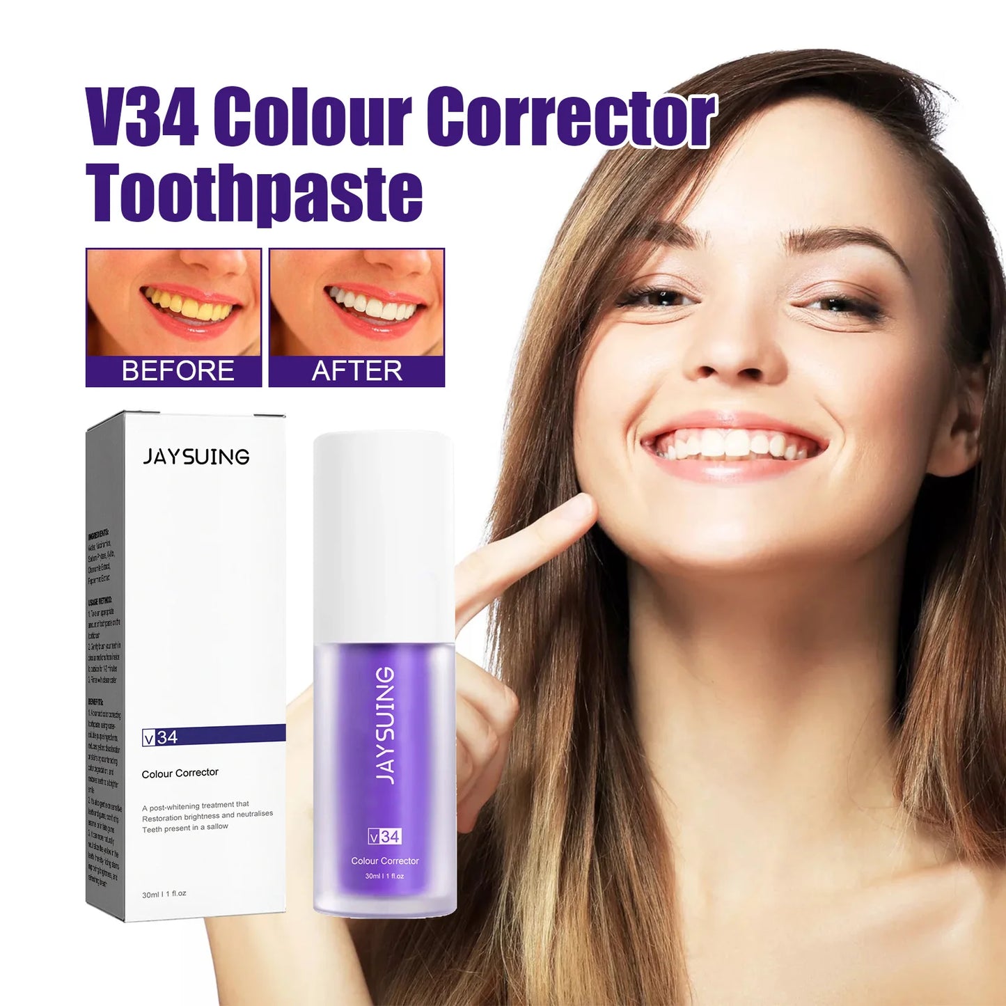 V34 Toothpaste Colour Corrector Teeth Whitening Purple Fresh Breath Brightening Teeth Stain Removal Gum Care Cleaning Toothpaste