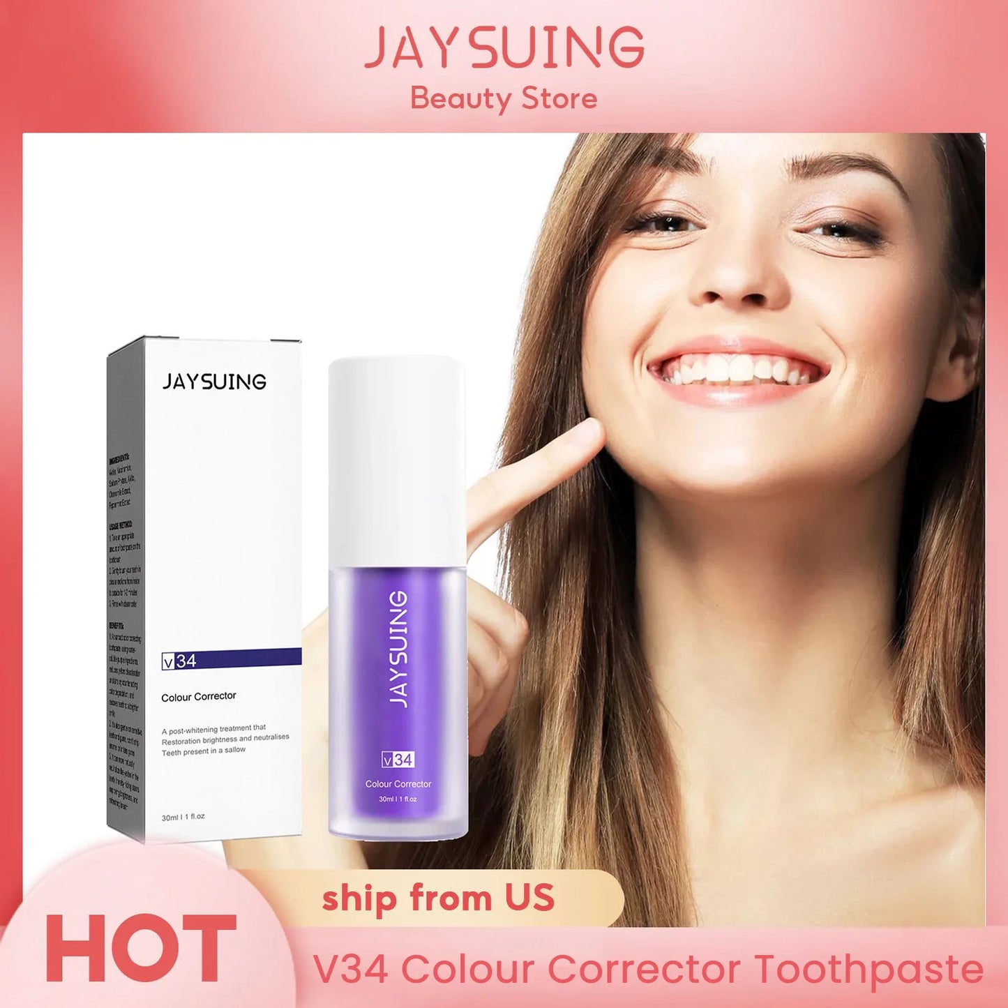 V34 Toothpaste Colour Corrector Teeth Whitening Purple Fresh Breath Brightening Teeth Stain Removal Gum Care Cleaning Toothpaste