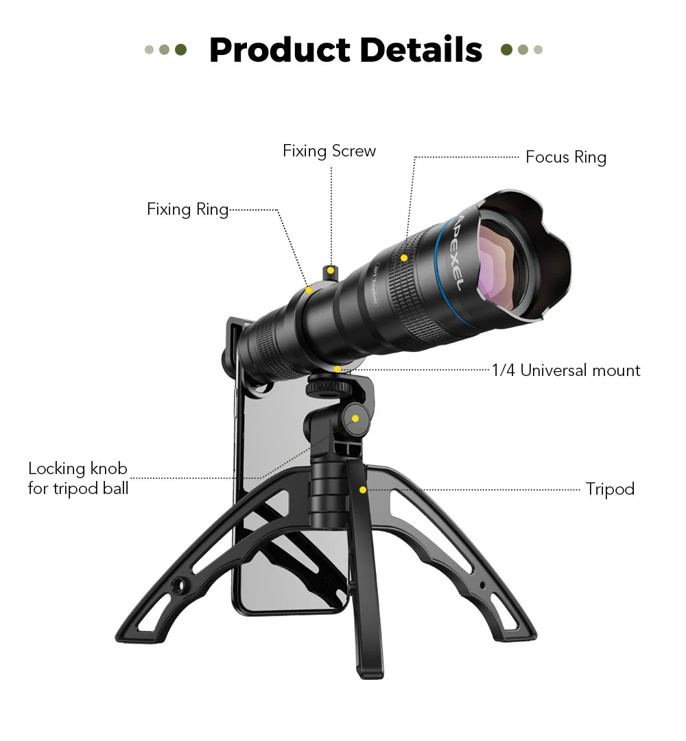 APEXEL Optional HD 36X metal telescope telephoto lens monocular mobile lens+ selfie tripod for all Smartphones