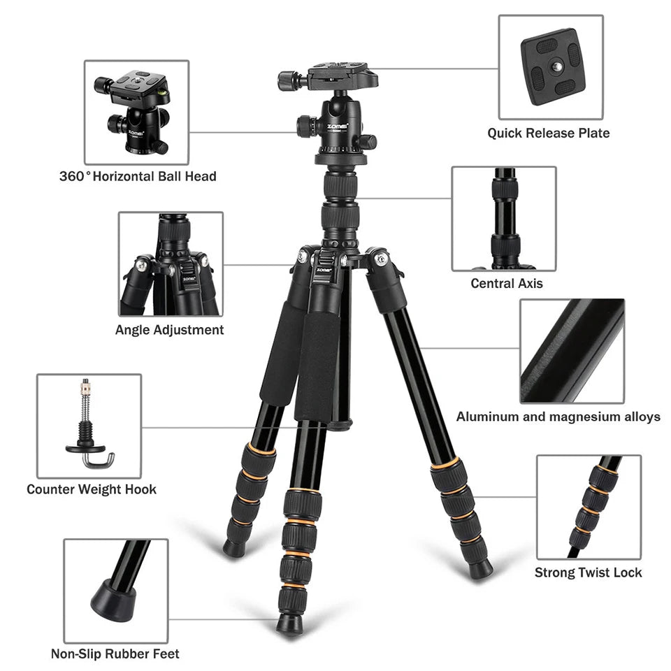 Walkingway Aluminum Protable Q666 Professional Travel Camera Tripod Monopod Ball Head&Phone Holder for DSLR Smartphone Video