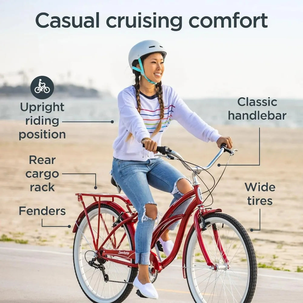 Sanctuary 7 Comfort Beach Cruiser Bike for Adult Women Men, 7-Speed Drivetrain in Retro-Styled Steel Step-Through