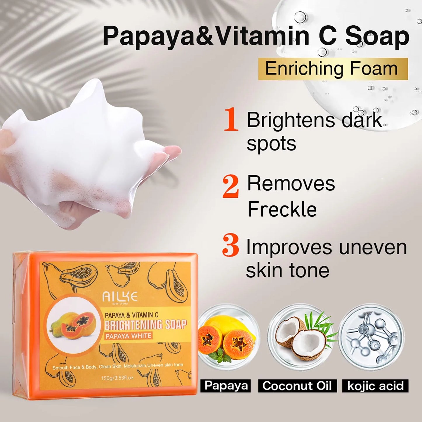 AILKE Skin Whitening Handmade Soap -Organic Papaya Soap For Black Spots, Clean Stains, Improves Dull Skin, Face & Body & Hands