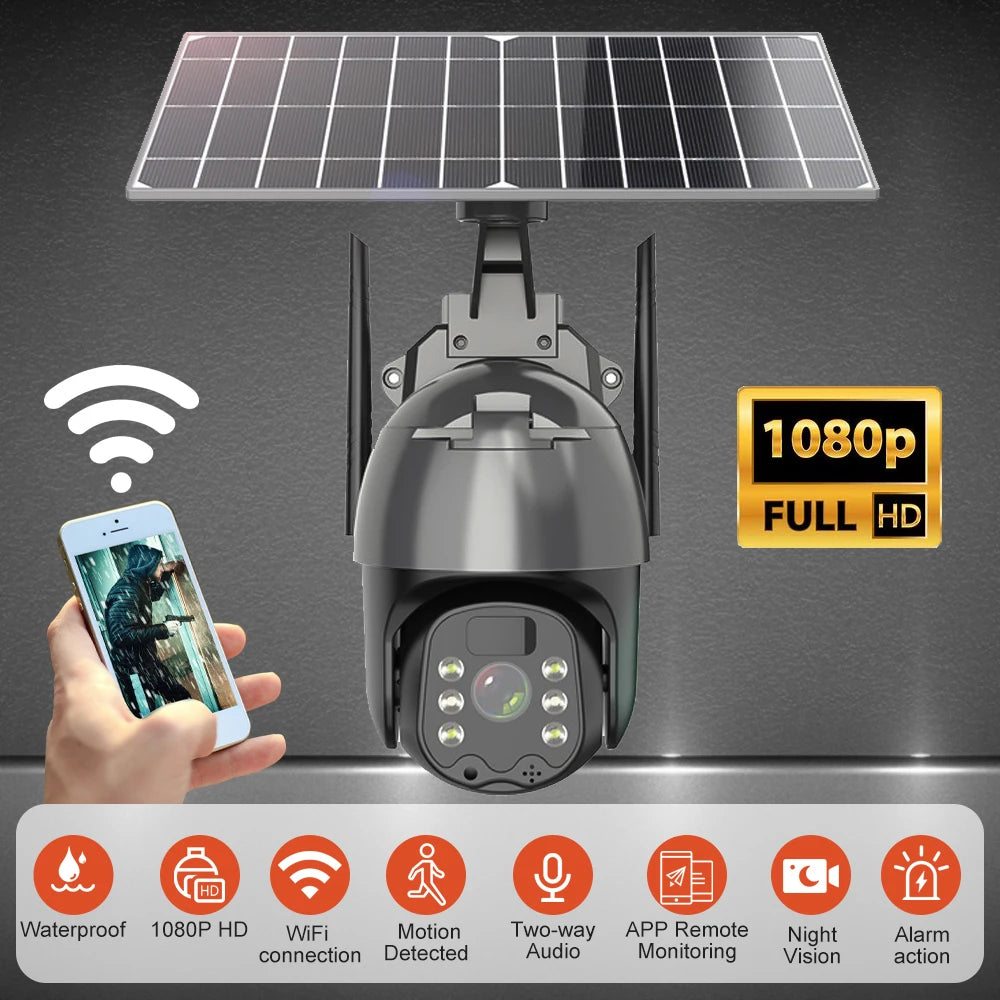 4MP Wireless Security Camera System Outdoor Wifi PTZ Solar Surveillance Camera with Built-in 3 Batteries APP Remote Monitoring