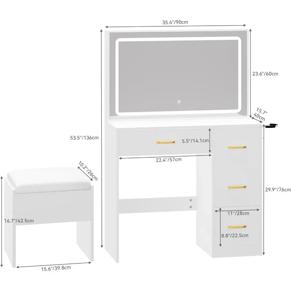 4 Drawer Vanity Table With Cushioned Stool Wooden Chest of Drawers Make Up Table Room Dresser for Bedroom Furniture Milky-White