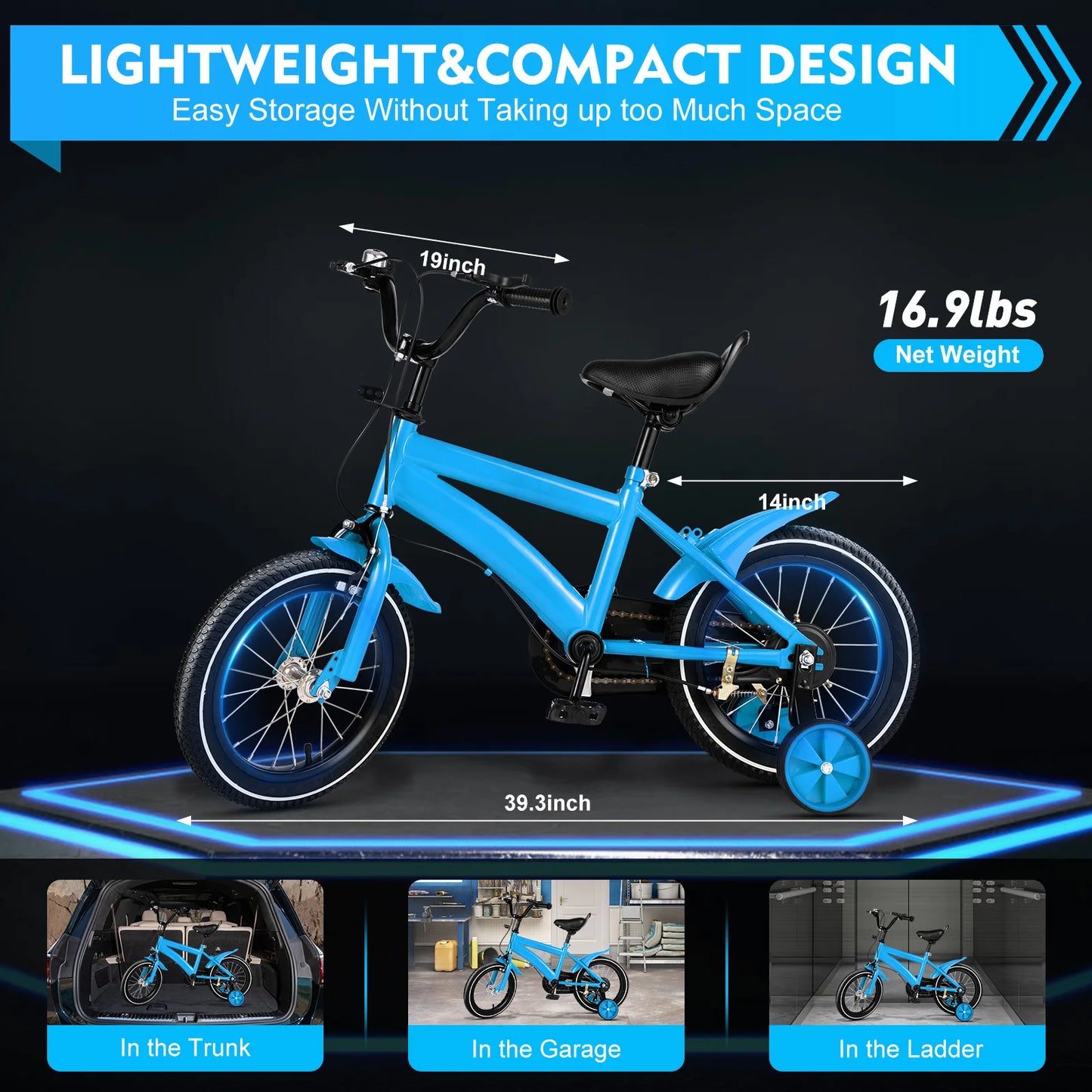 14 Inch Children's Boys Girls Bicycle Height Adjustable W/ Training Detachable Support Wheels Kids Bike