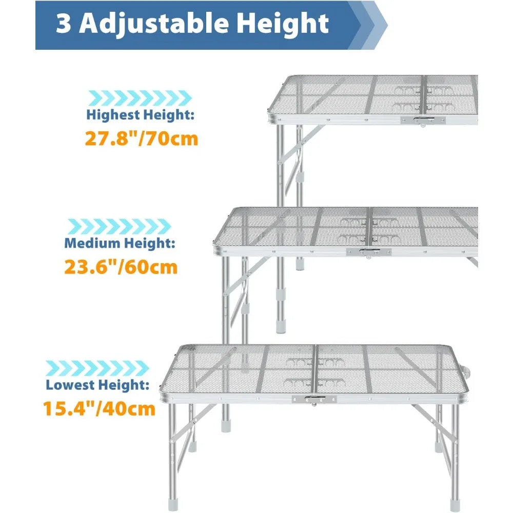 Metal Folding Table, 3ft(L) x 2ft(W) Height Adjustable Camping Table Portable Aluminum Folding Outdoor Grill Table