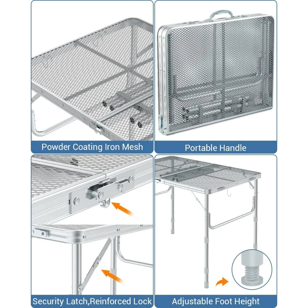 Metal Folding Table, 3ft(L) x 2ft(W) Height Adjustable Camping Table Portable Aluminum Folding Outdoor Grill Table