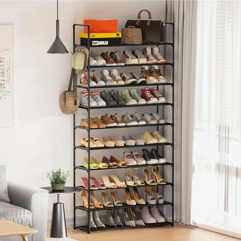 Shoe Rack,10 Tier Shoe Organizer Large Storage with Hooks,Fit 40-50 Pairs Shoes,Metal Tall Shoe Shelf for Entryway,Bedroom