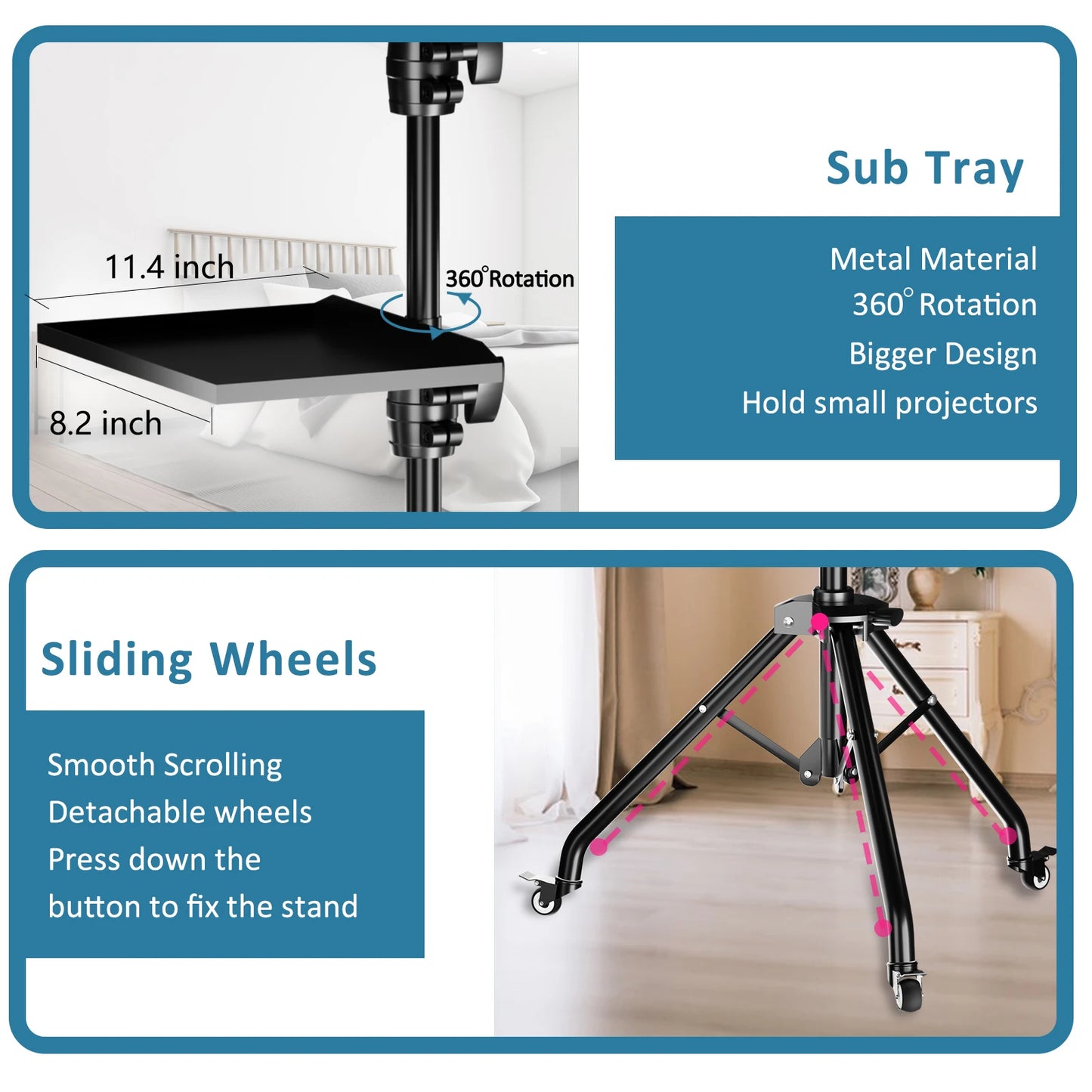 Portable Projector Floor Stand Adjustable Height Projector Tripod Stand with 2 Shelves, Laptop Tripod on Wheels With Two Clip