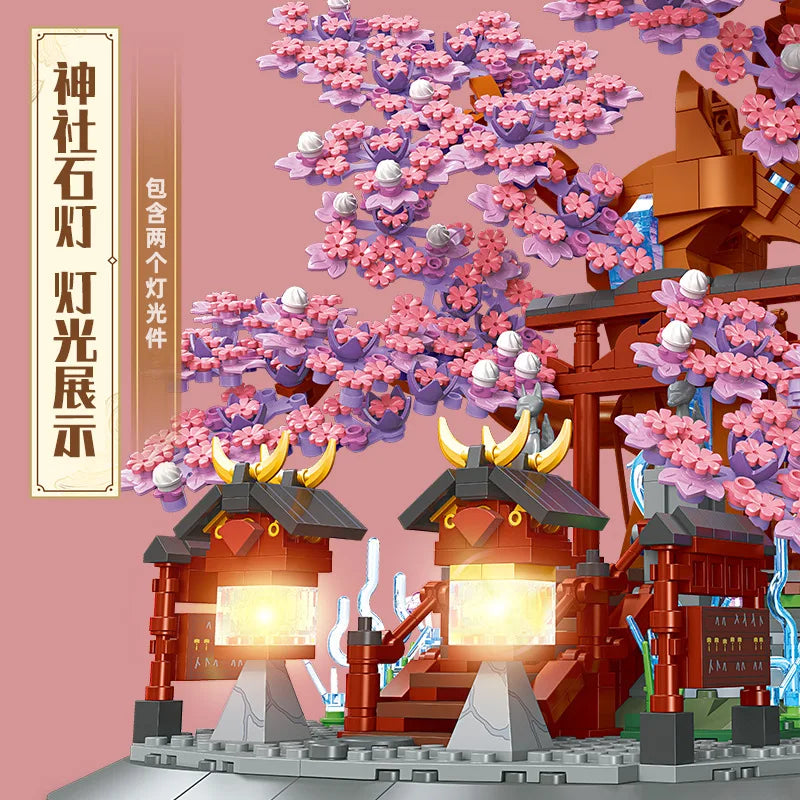 Sacred Sakura Tree Building Block Set, Cherry Blossoms and Play Scene, Sakura Temple Model Children's Home Decor Gift