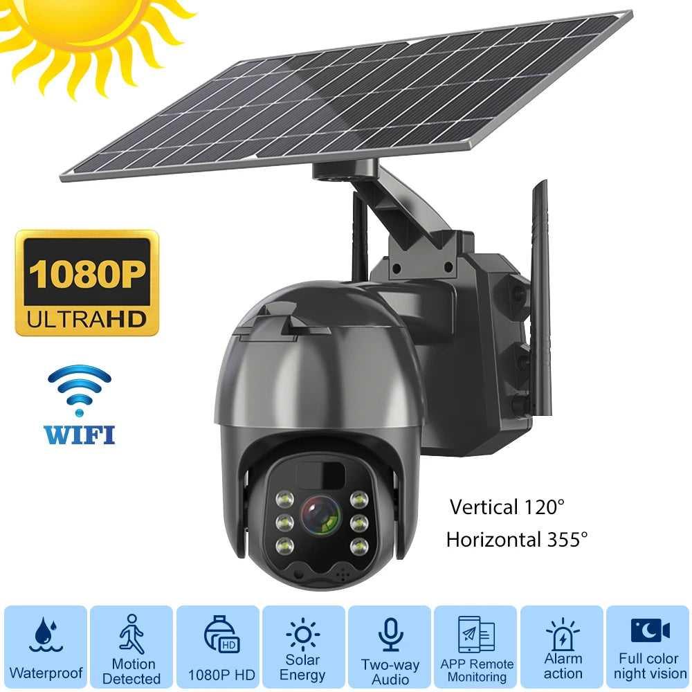 4MP Wireless Security Camera System Outdoor Wifi PTZ Solar Surveillance Camera with Built-in 3 Batteries APP Remote Monitoring