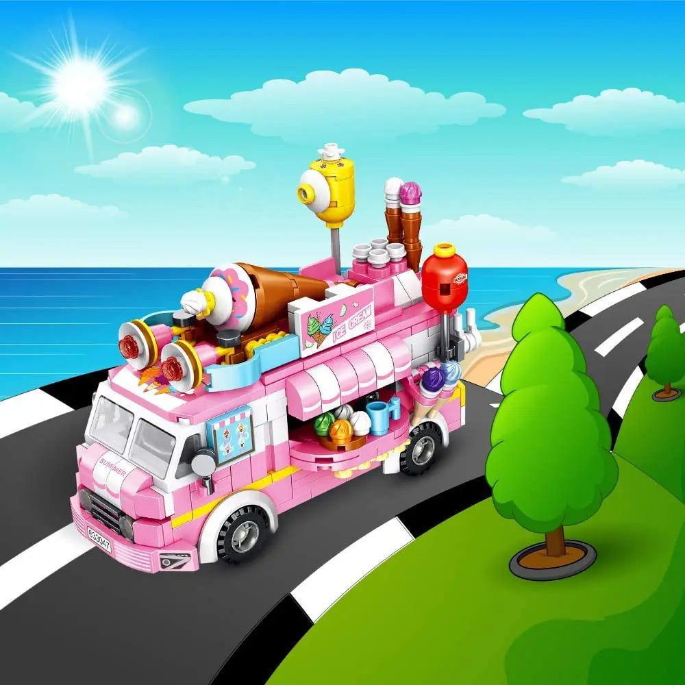 Pink Friendship Ice Cream Truck Street View Dining Car Mini Building Blocks Food Snacks Shop Bricks Toys Gift For Girls