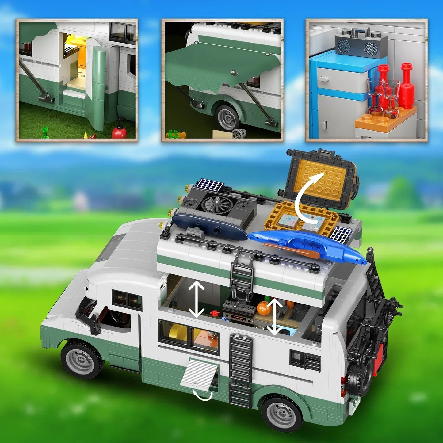 1586PCS Caravan Van with Light Model Building Blocks Set Vehicle Interior Details Decoration Bricks Kids Toys for Children Gift