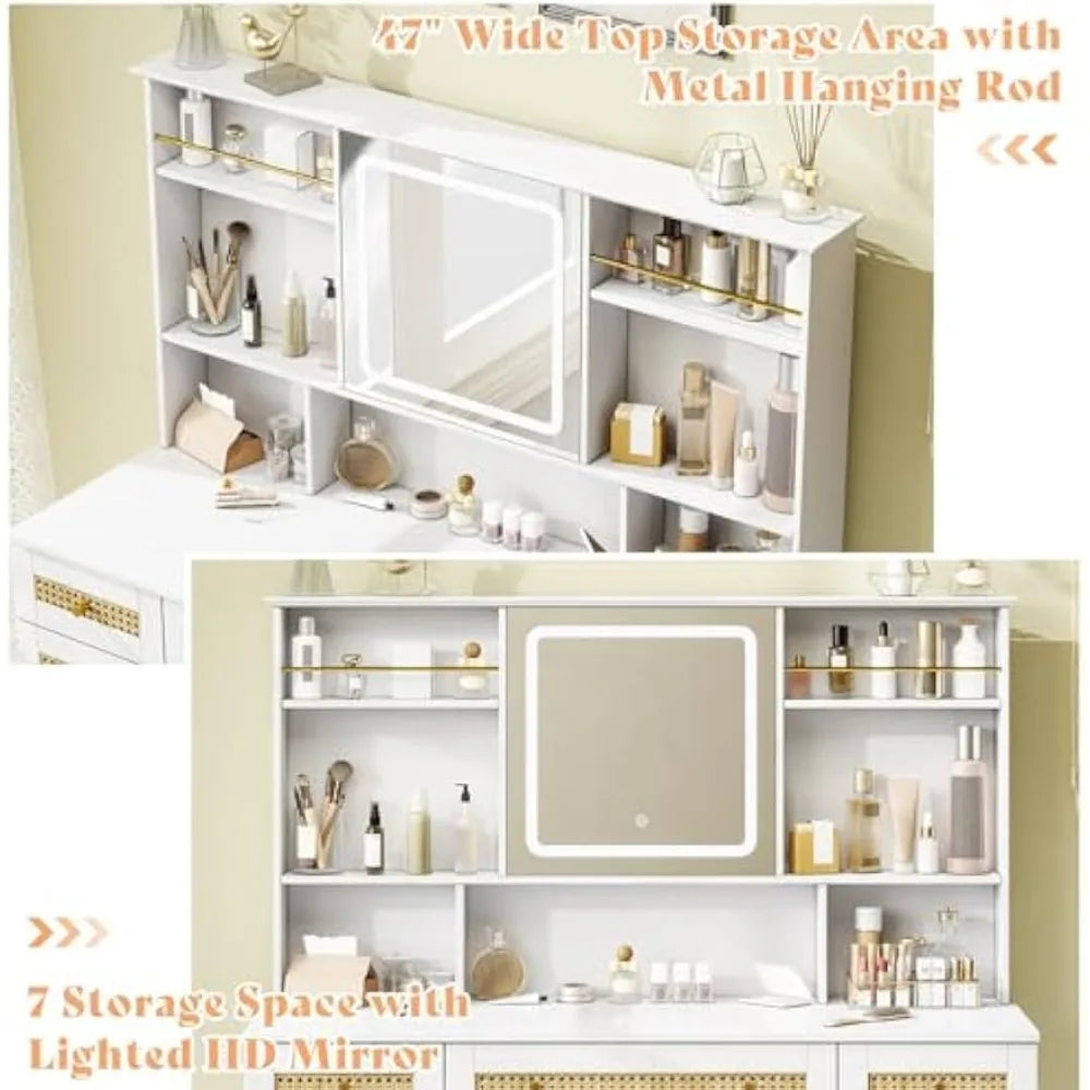 47in Rattan Makeup Vanity Desk with Mirror, Lights, Drawers & Shelves, Boho Vanity Set for Women, Bedroom, Stool Included