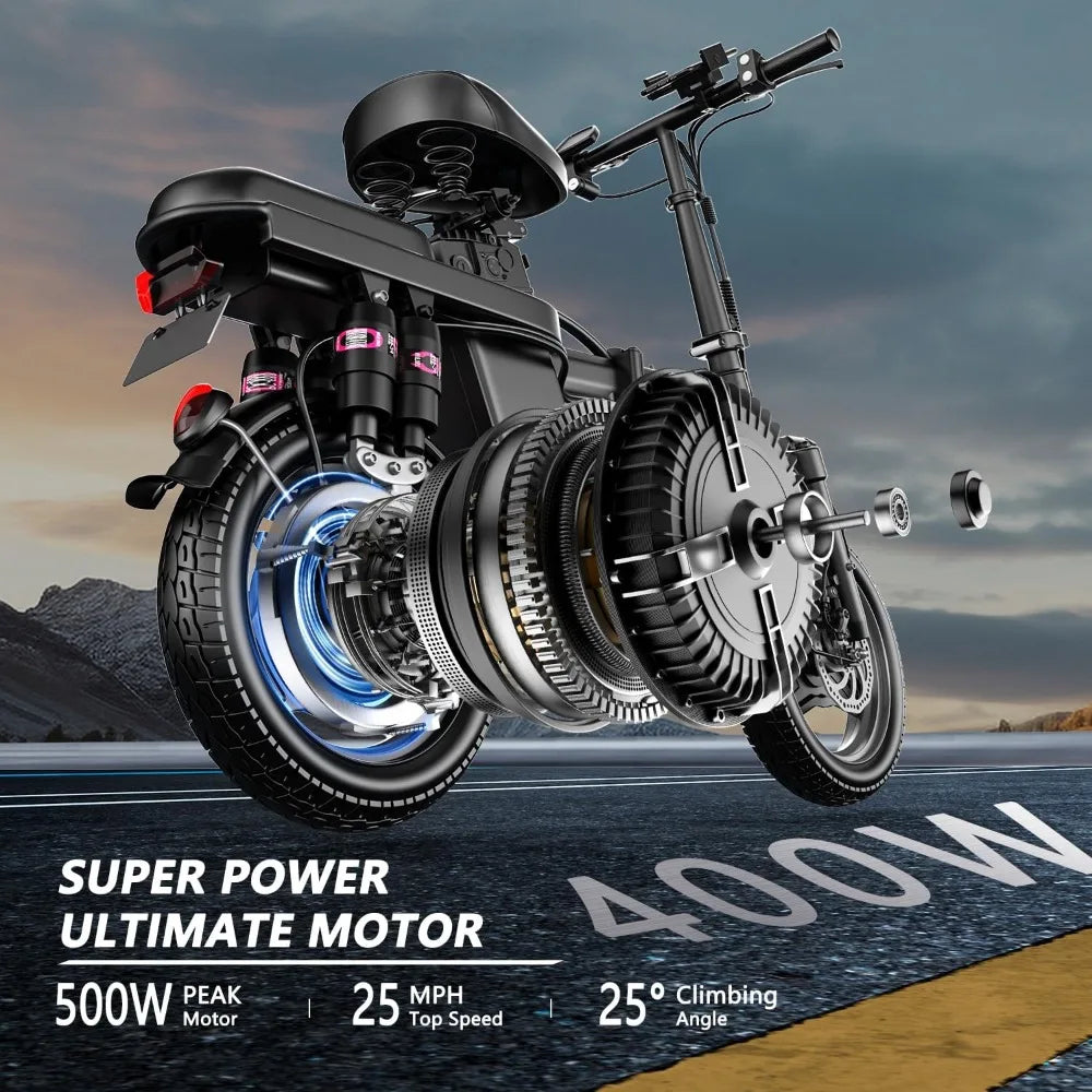 Electric Bike for Adults, Folding 500W Motor, Up to 25 MPH and 25 Miles Long Range, Electric Bicycle with 14" Pneumatic Tire