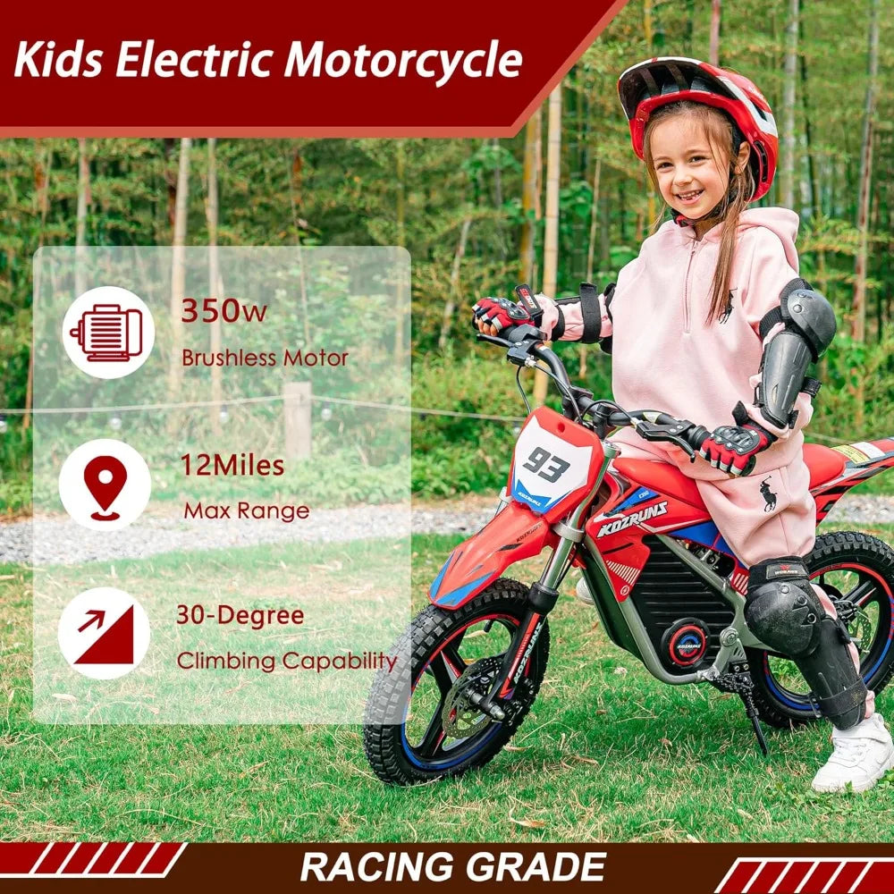 36V Electric Dirt Bike for Kids Aged 6-12, Brushless 350W Racing Grade Electric Motorcycle, Up to 18.6MPH & 3 Speed Settings