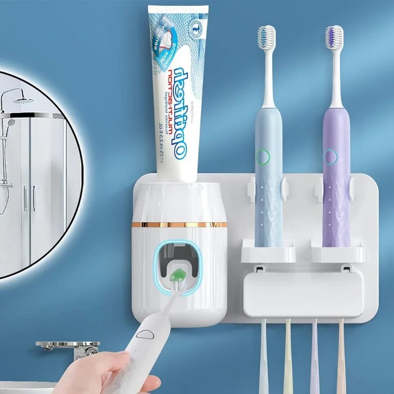 Toothpaste Dispenser, Space-Saving Toothbrush Holder Wall Mounted for Bathroom, Toothpaste Squeezer, with 4 Toothbrush Slots