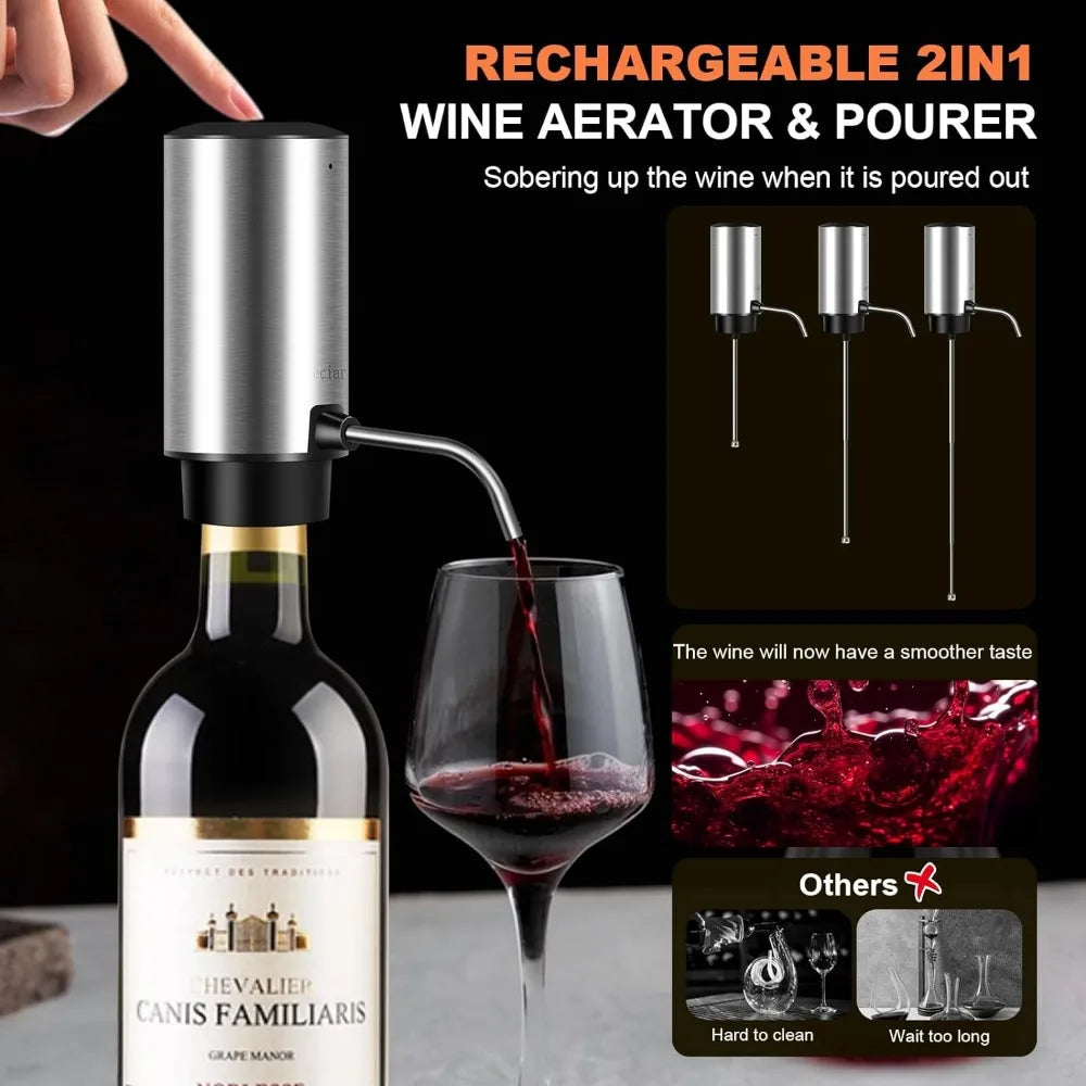 Electric Wine Openers Set with Wooden Case,One-click Automatic Electric Wine Bottle Opener Set,2in1 Wine Aerator&Pourer