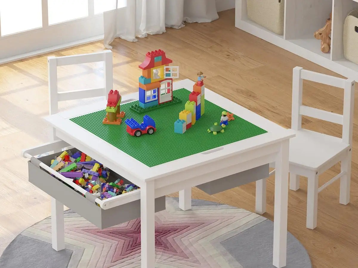 Wooden 2 in 1 Kids Construction Play Table and 2 Chairs Set with Storage Drawers, and Built in Plate Compatible with Lego a