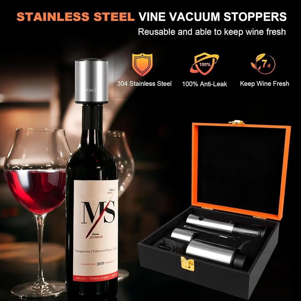 Electric Wine Openers Set with Wooden Case,One-click Automatic Electric Wine Bottle Opener Set,2in1 Wine Aerator&Pourer