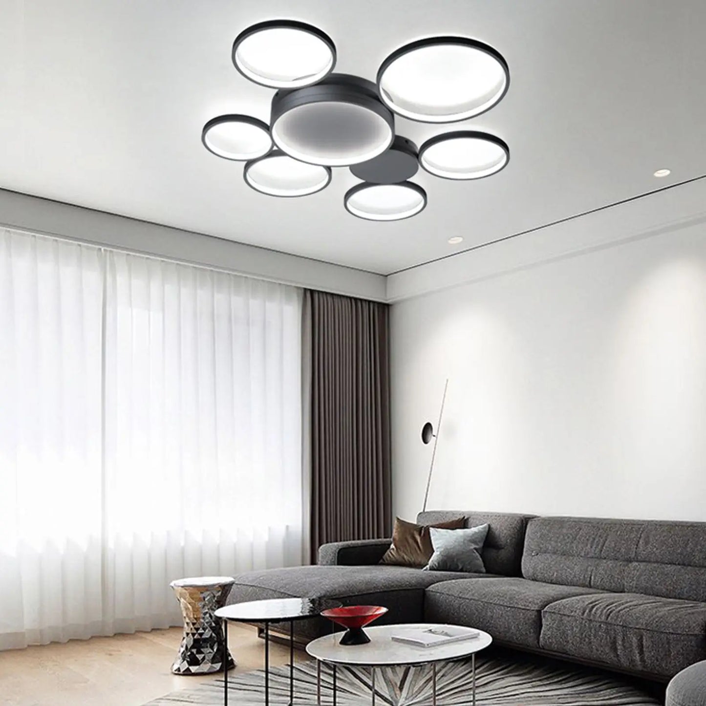 Modern Minimalist Black/White 7 Rings Flush Mount LED Ceiling Light with Remote Control for Living Room Bedroom