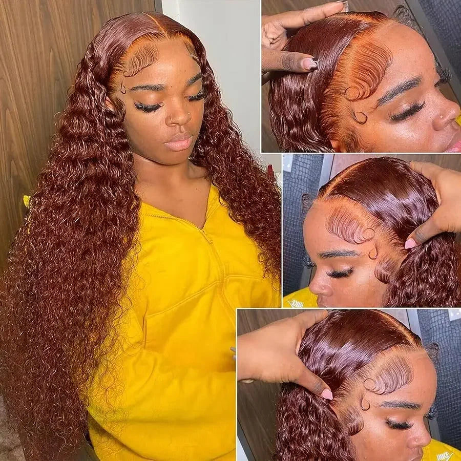 Reddish Brown Deep Curly Lace Frontal Wigs 13x4 13x6 Lace Frontal Human Hair Wigs Deep Wave Fall Colored Human Hair Lace Wigs