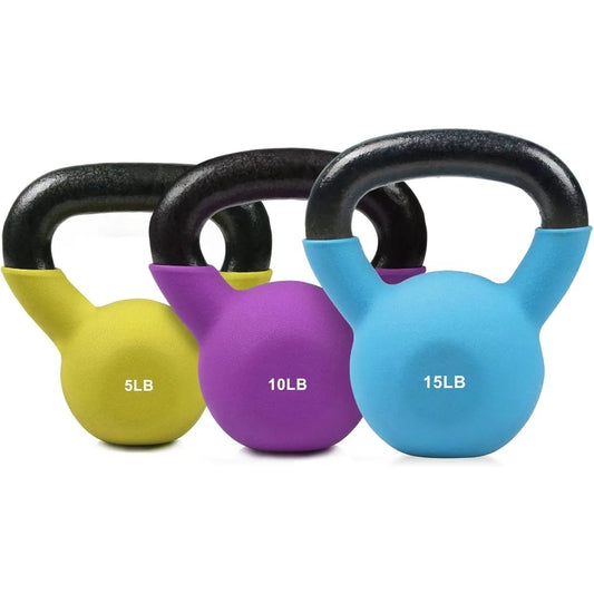 Neoprene Coated Solid Cast Iron Kettlebell 5 10 15 LB, for Full Body Workout, Cross-Training, Weight Loss & Strength Training