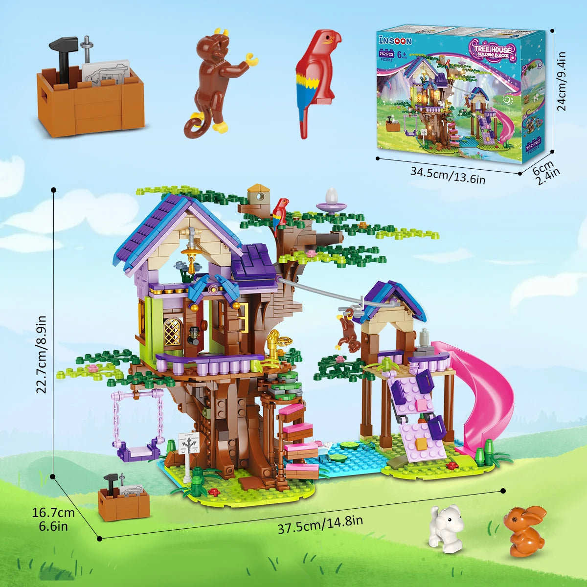 HOGOKIDS Tree House Building Toy with LED Light 751 PCS Treehouse  with Slides Swing Animals Building Block Set