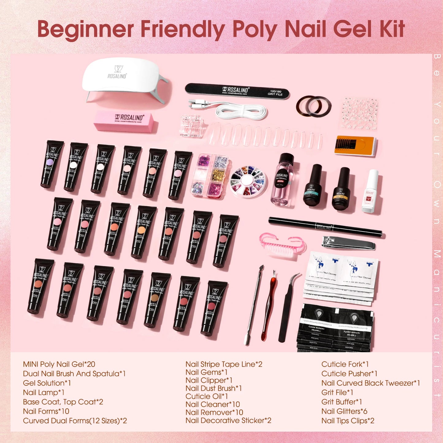 ROSALIND Poly Nail Gel Kit -20 Colors + 76 Nail Art Accessories kit Clear Nude Poly Nails Gel Kit Starter Kit With Slip Solution