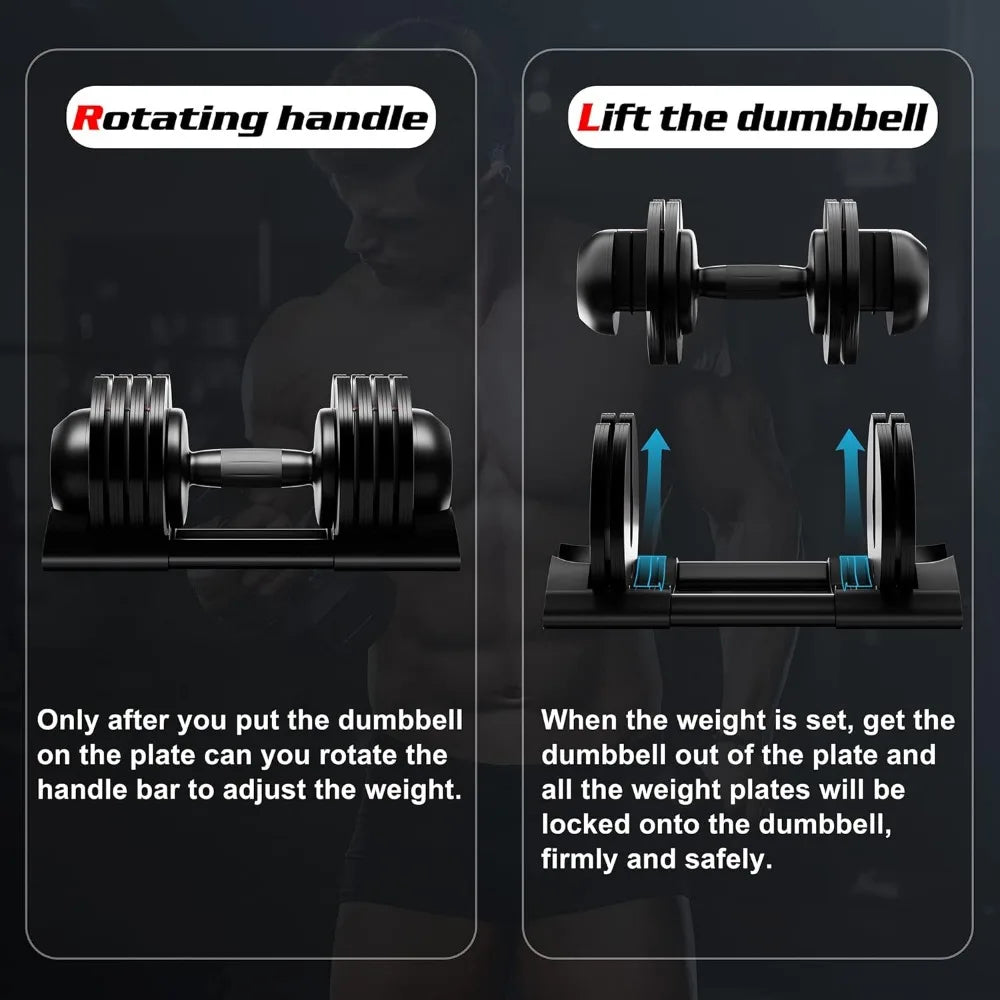 Adjustable Dumbbell, 22lb/44lb/52lb Dumbbell Set with Tray for Workout Strength Training Fitness Adjustable Weight Dial Dumbbell