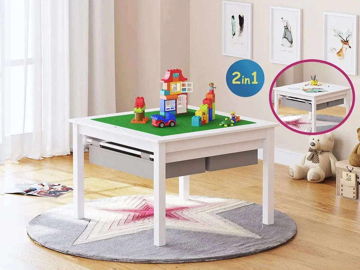 Wooden 2 in 1 Kids Construction Play Table and 2 Chairs Set with Storage Drawers, and Built in Plate Compatible with Lego a