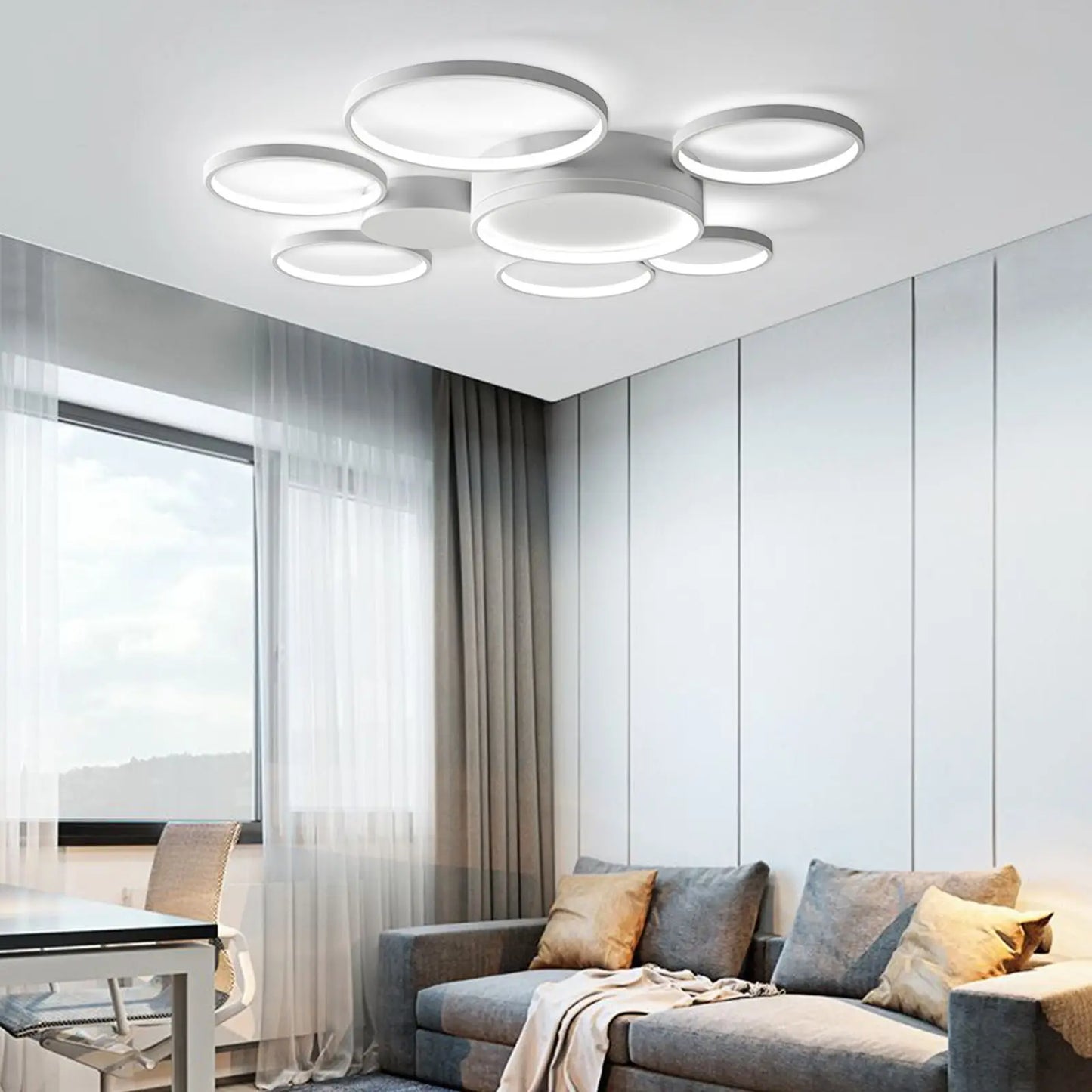 Modern Minimalist Black/White 7 Rings Flush Mount LED Ceiling Light with Remote Control for Living Room Bedroom