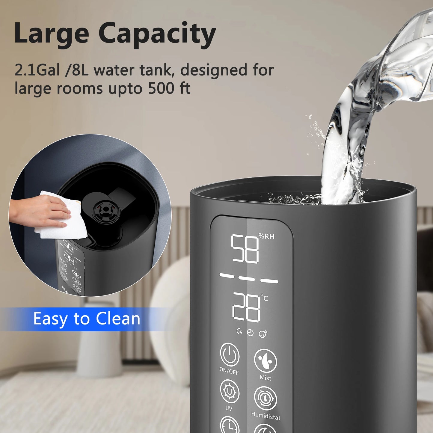 Sejoy Air Humidifier Large Room Bedroom Cool Mist Air 8L/2.11 Gallon Top Fill Remote Control 360° Nozzle For Baby Office Bedroom