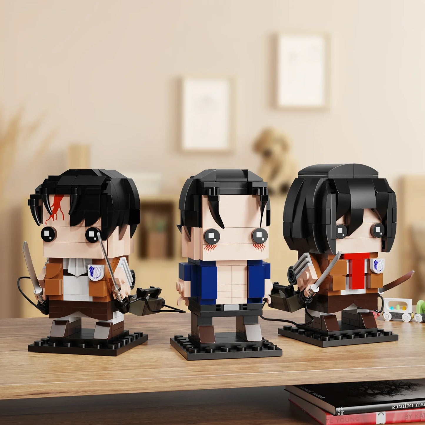 3 in 1 Attacked on Titan Bricks Headz with Eren Mikasa Levi Model Toys Building Blocks Suit Kids Toys for Children Gifts