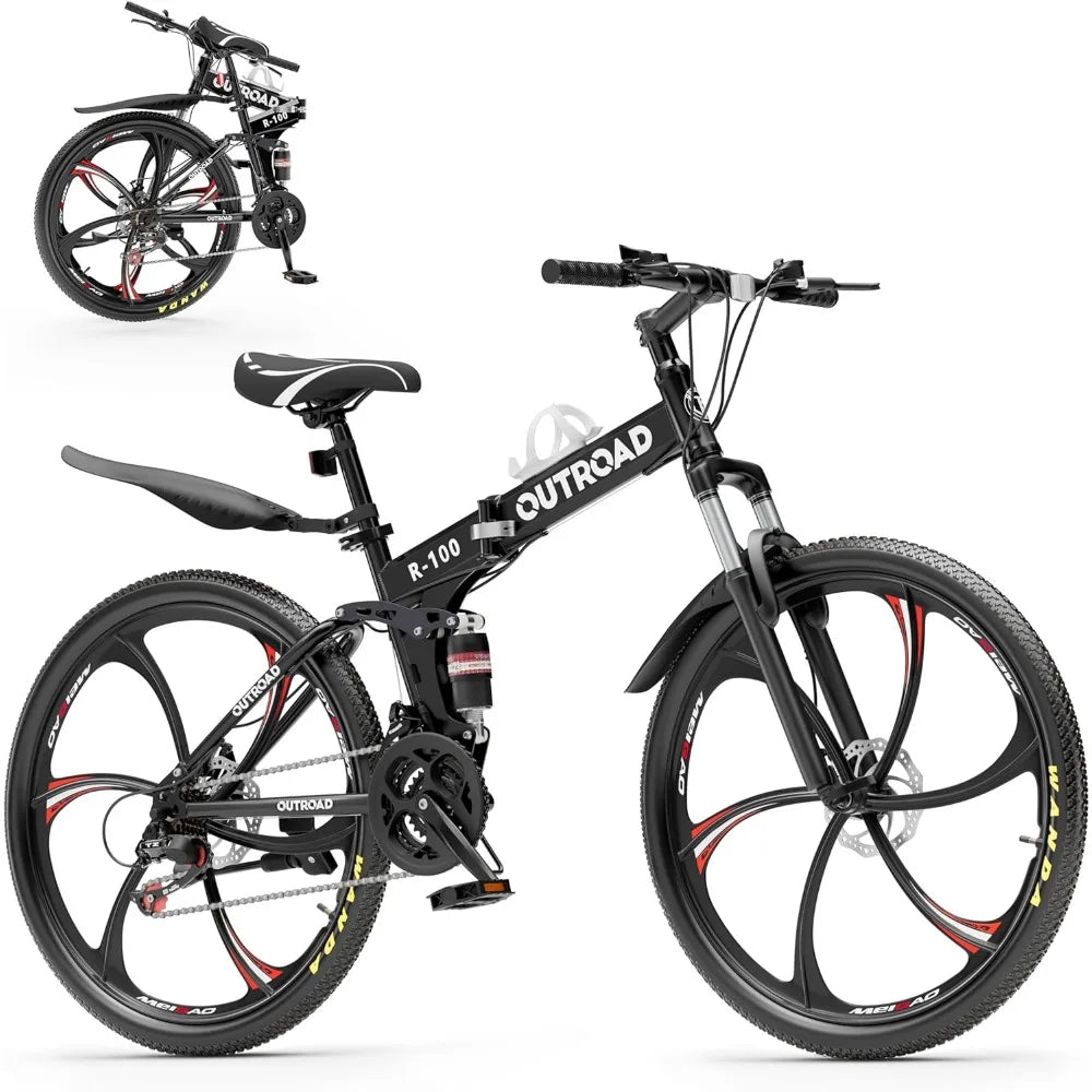 Outroad 26 Inch Folding Mountain Bike, 21 Speed Full Suspension High-Carbon Steel MTB Foldable Bicycle, Dual Disc Brake Non-Slip