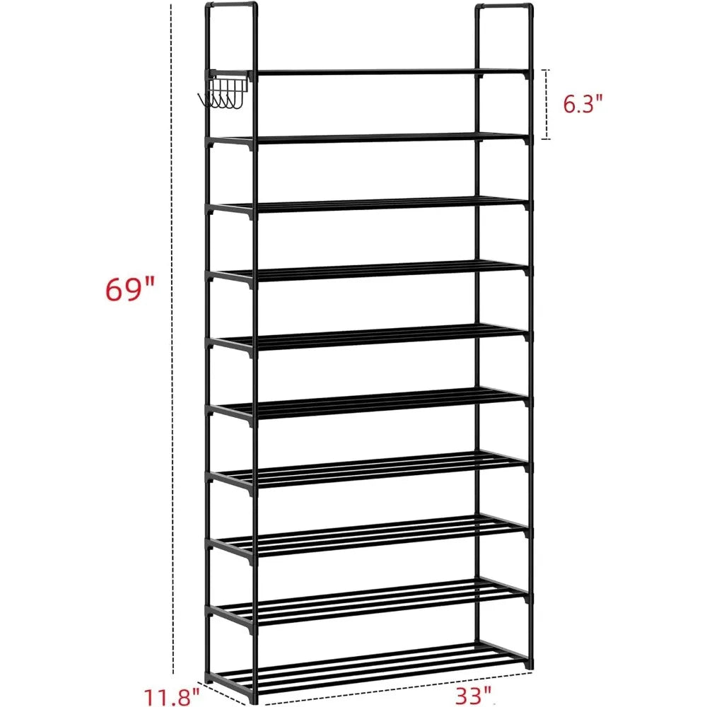 Shoe Rack,10 Tier Shoe Organizer Large Storage with Hooks,Fit 40-50 Pairs Shoes,Metal Tall Shoe Shelf for Entryway,Bedroom