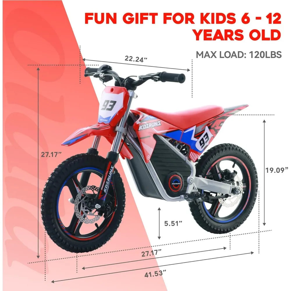 36V Electric Dirt Bike for Kids Aged 6-12, Brushless 350W Racing Grade Electric Motorcycle, Up to 18.6MPH & 3 Speed Settings