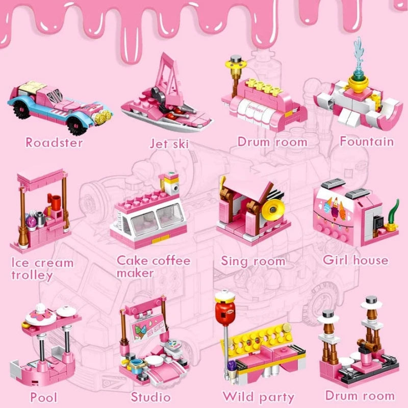 Pink Friendship Ice Cream Truck Street View Dining Car Mini Building Blocks Food Snacks Shop Bricks Toys Gift For Girls