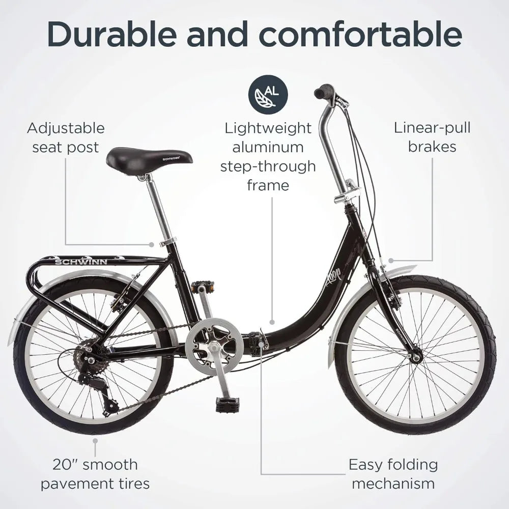 Loop Folding Bike for Adult Men Women, 20-inch Wheels, 7-Speed Drivetrain, Rear Cargo Rack, Carrying Bag Included