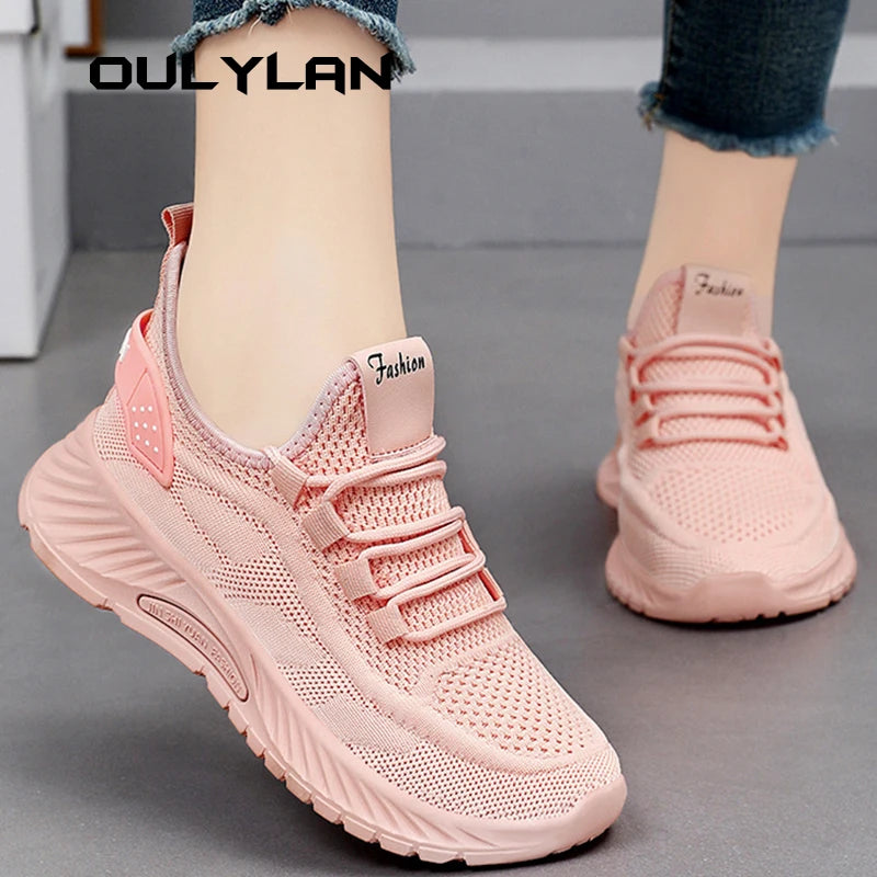 Trendy Shoes for Women Summer Breathable Comfortable Sneakers Lace up Running Shoes Women's Knit Mesh Design Sports Shoes