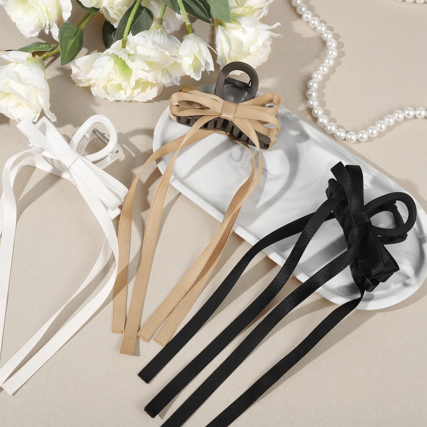 3PCS Bow Hair Claw Clips with Long Tail, Cute Bow-knot Hair Clips Hair Barrettes or Women and Girls Hair Accessories