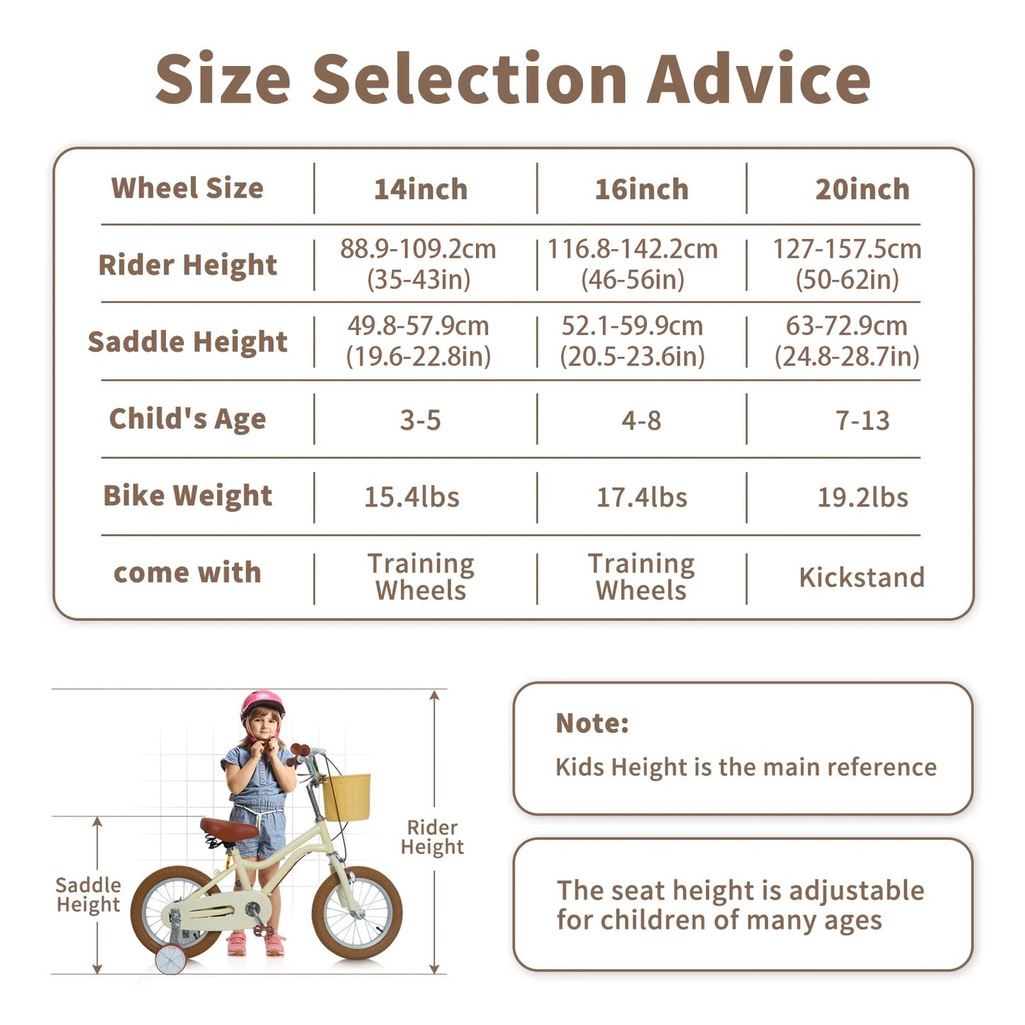 Kids Bike 16 20 inch Girls Bike for 5-14 Girls Boys with Training Wheel Kickstand Retro Design Kids' Bicycles with Basket Girls