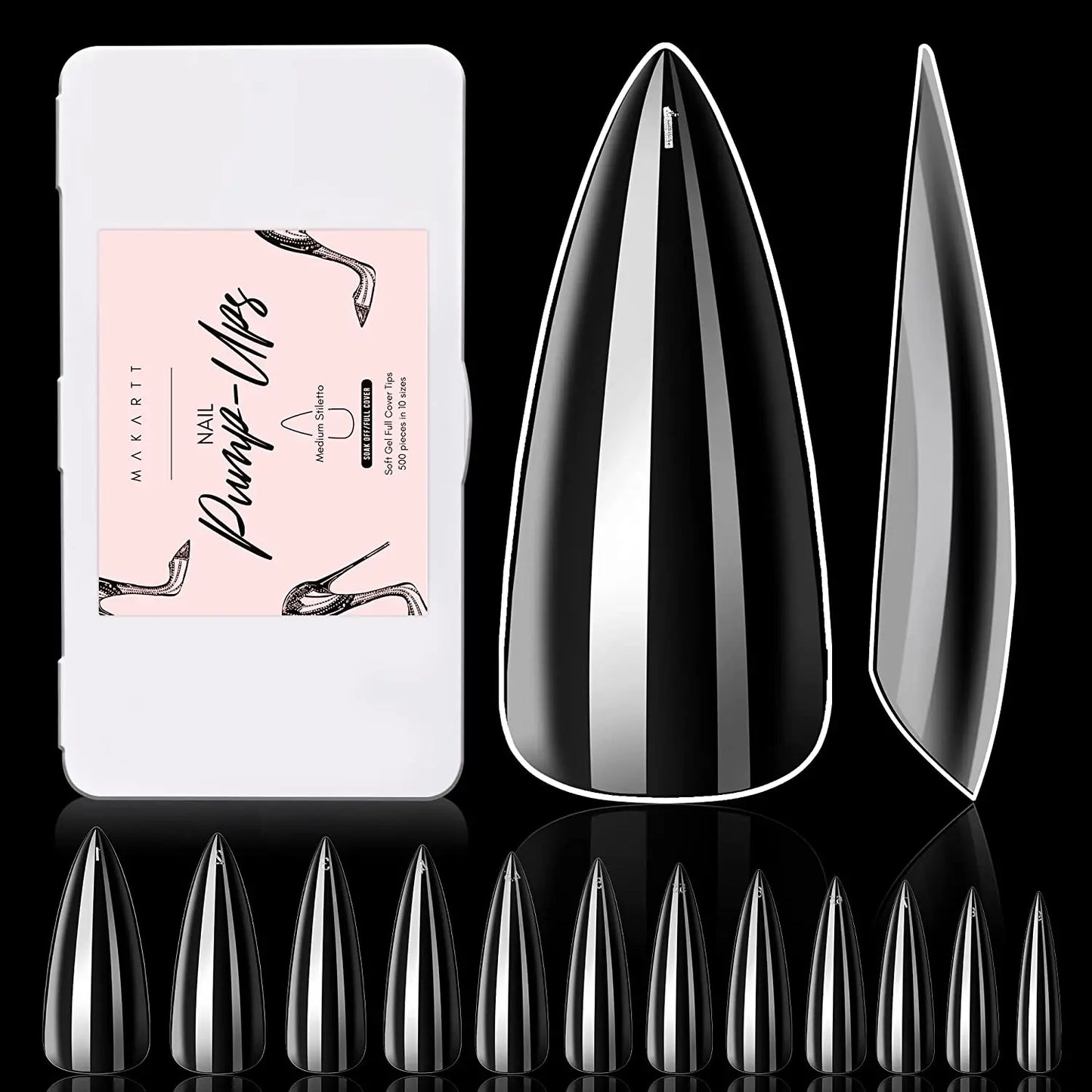 Makartt 500Pcs Soft Gel Full Cover Tips, Soak Off Nail Extensions Kit Clear Medium Stiletto Nail Tips for Acrylic Nails